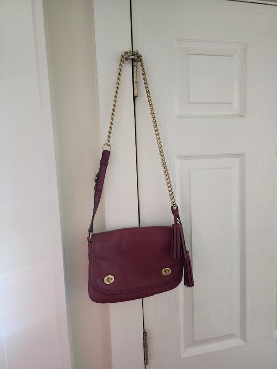 Magenta Coach Legacy Double Gusseted Leather Flap Shoulder Bag